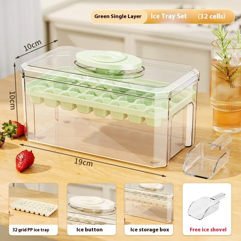 PP plastic ice cube tray with pressing lid, white single layer 32 grid, stackable quick demould design