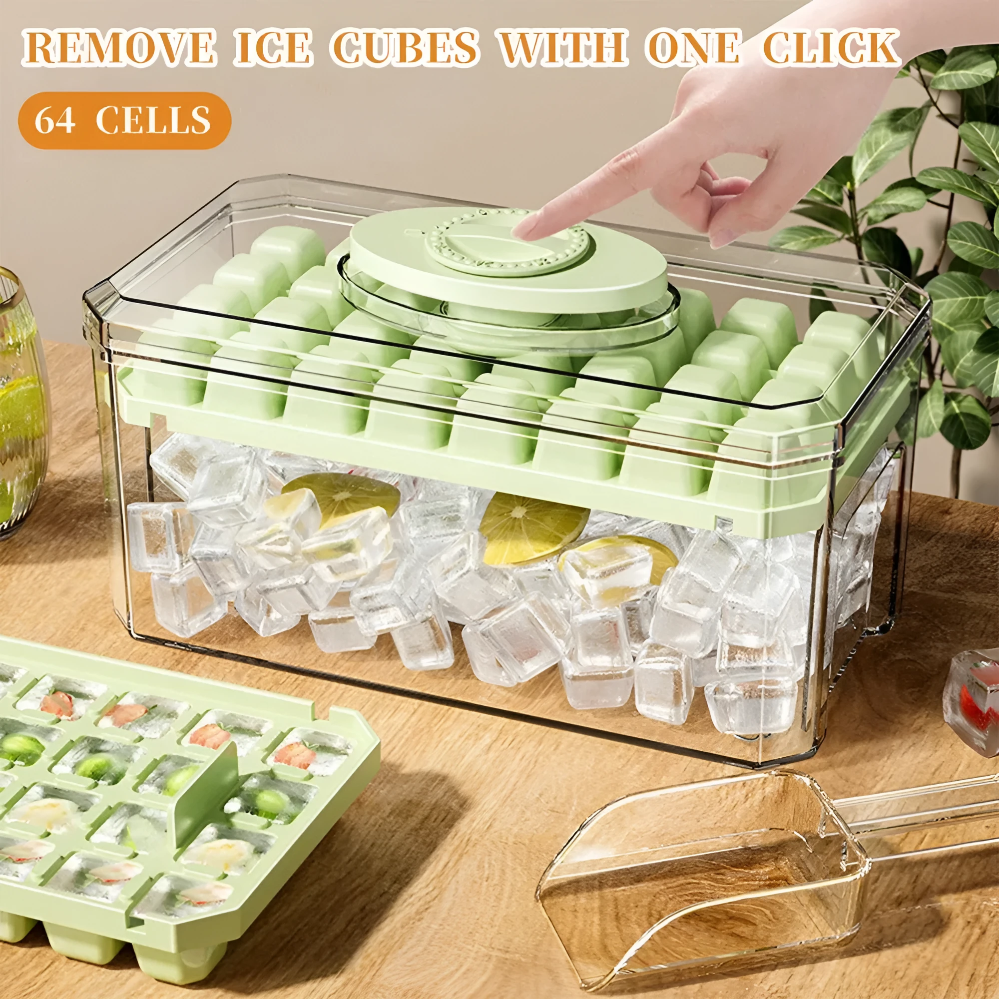 PP plastic ice cube tray with pressing lid, white single layer 32 grid, stackable quick demould design