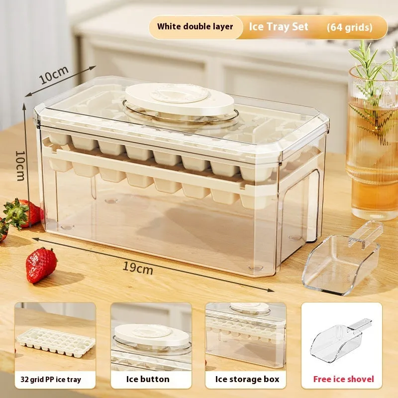 PP plastic ice cube tray with pressing lid, white single layer 32 grid, stackable quick demould design
