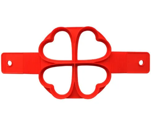 Red silicone egg mould set with heart, lace, round, square and 7-hole shapes on a white background