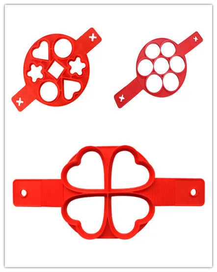 Red silicone egg mould set with heart, lace, round, square and 7-hole shapes on a white background