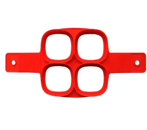 Red silicone egg mould set with heart, lace, round, square and 7-hole shapes on a white background