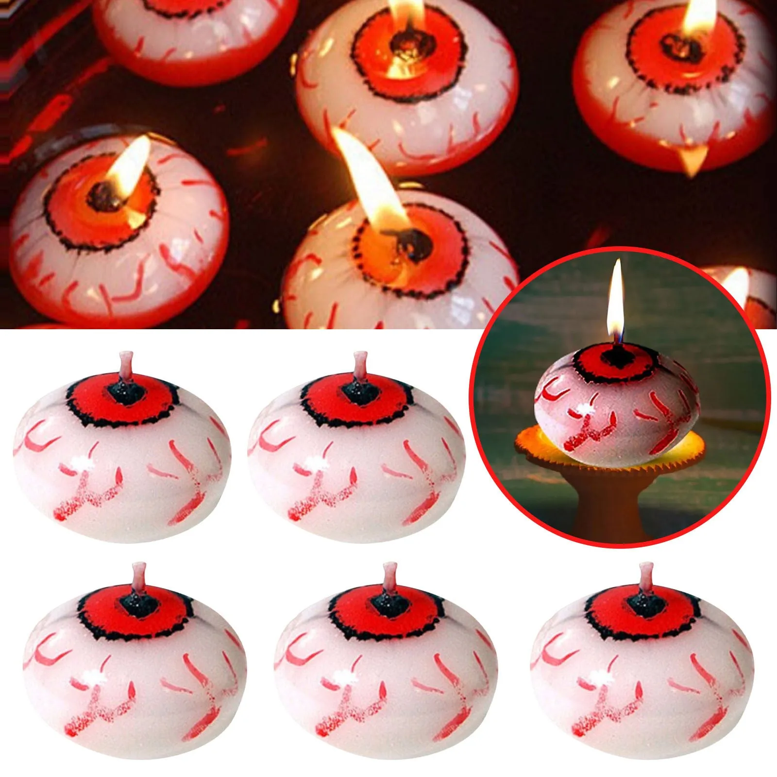 Red oval eyeball floating Halloween candle made from paraffin wax
