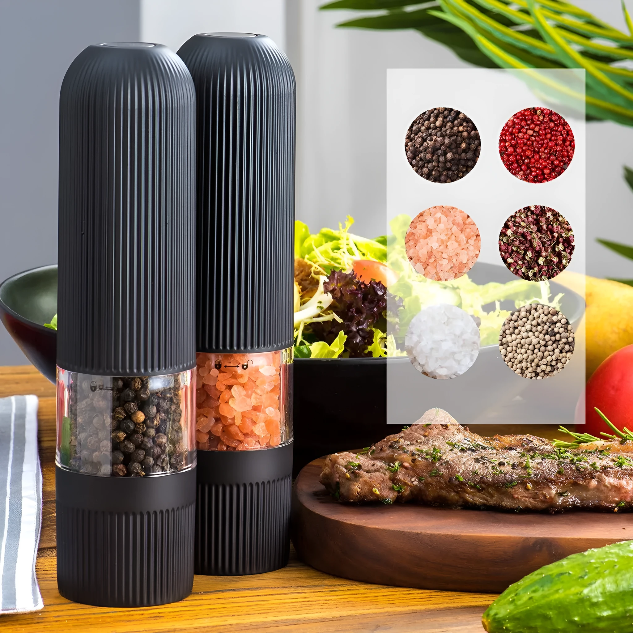 Electric pepper grinder with transparent acrylic body and ceramic grinding core for fresh pepper and sea salt