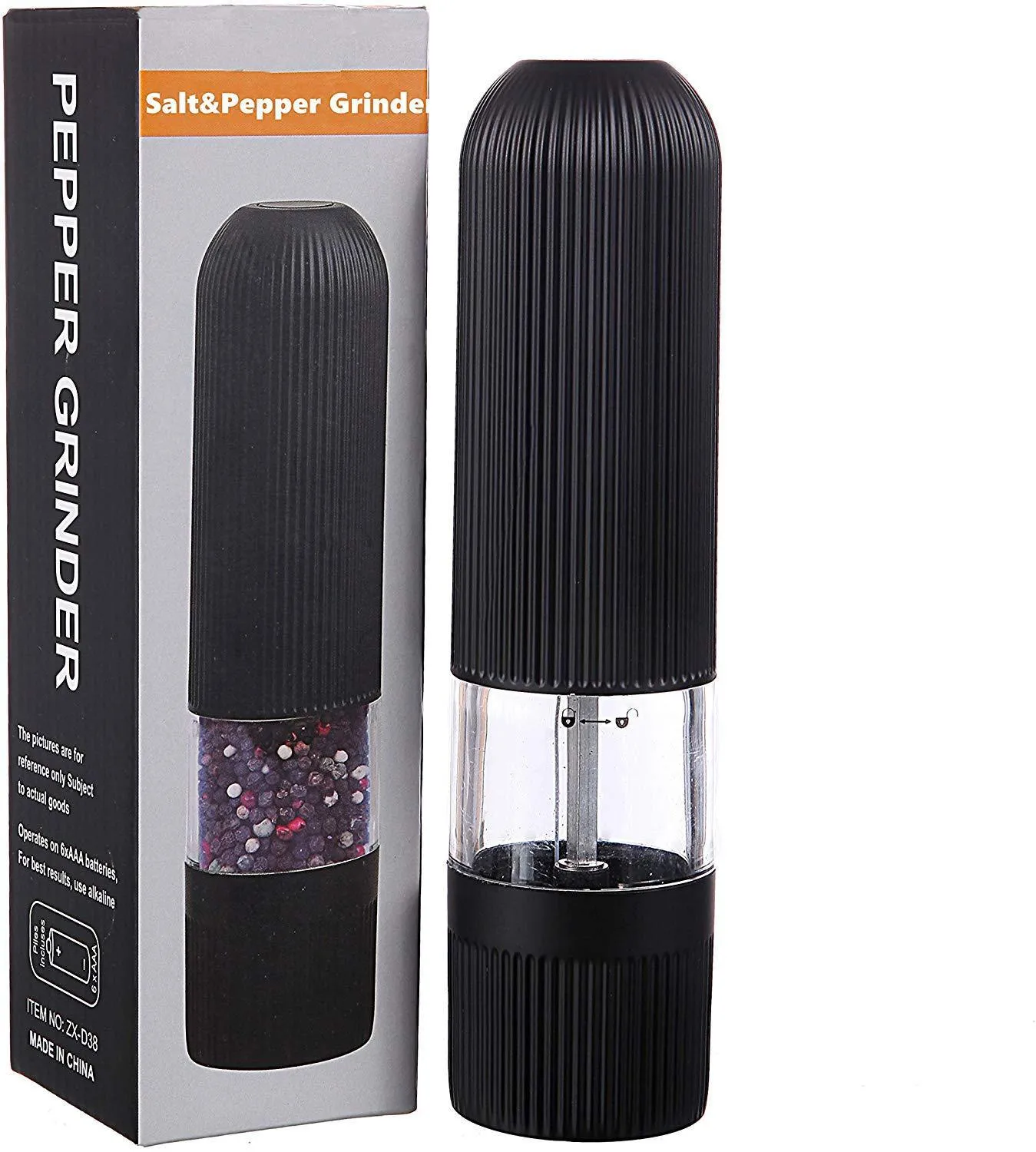 Electric pepper grinder with transparent acrylic body and ceramic grinding core for fresh pepper and sea salt
