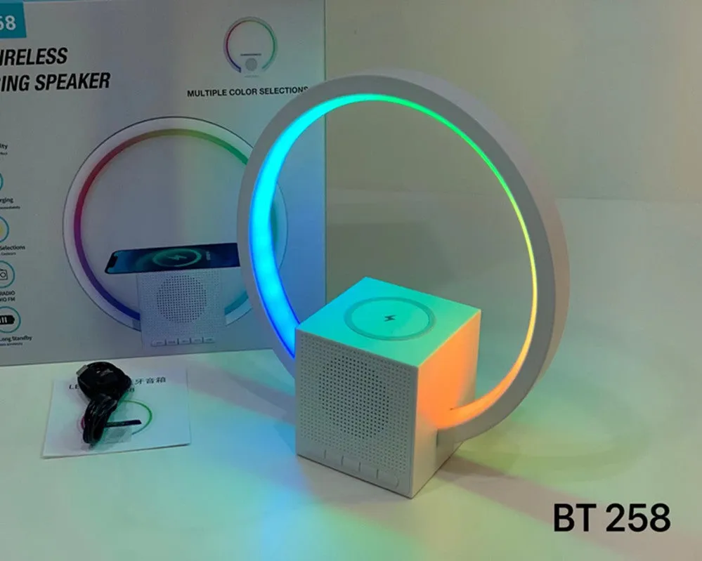 White smart ambience light Bluetooth speaker wireless charger with USB power and card insertion slot