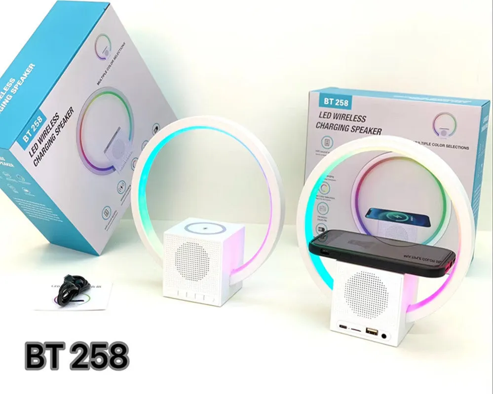 White smart ambience light Bluetooth speaker wireless charger with USB power and card insertion slot