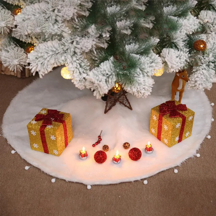 White plush Christmas tree skirt with 78cm to 150cm size options for tree base floor protection