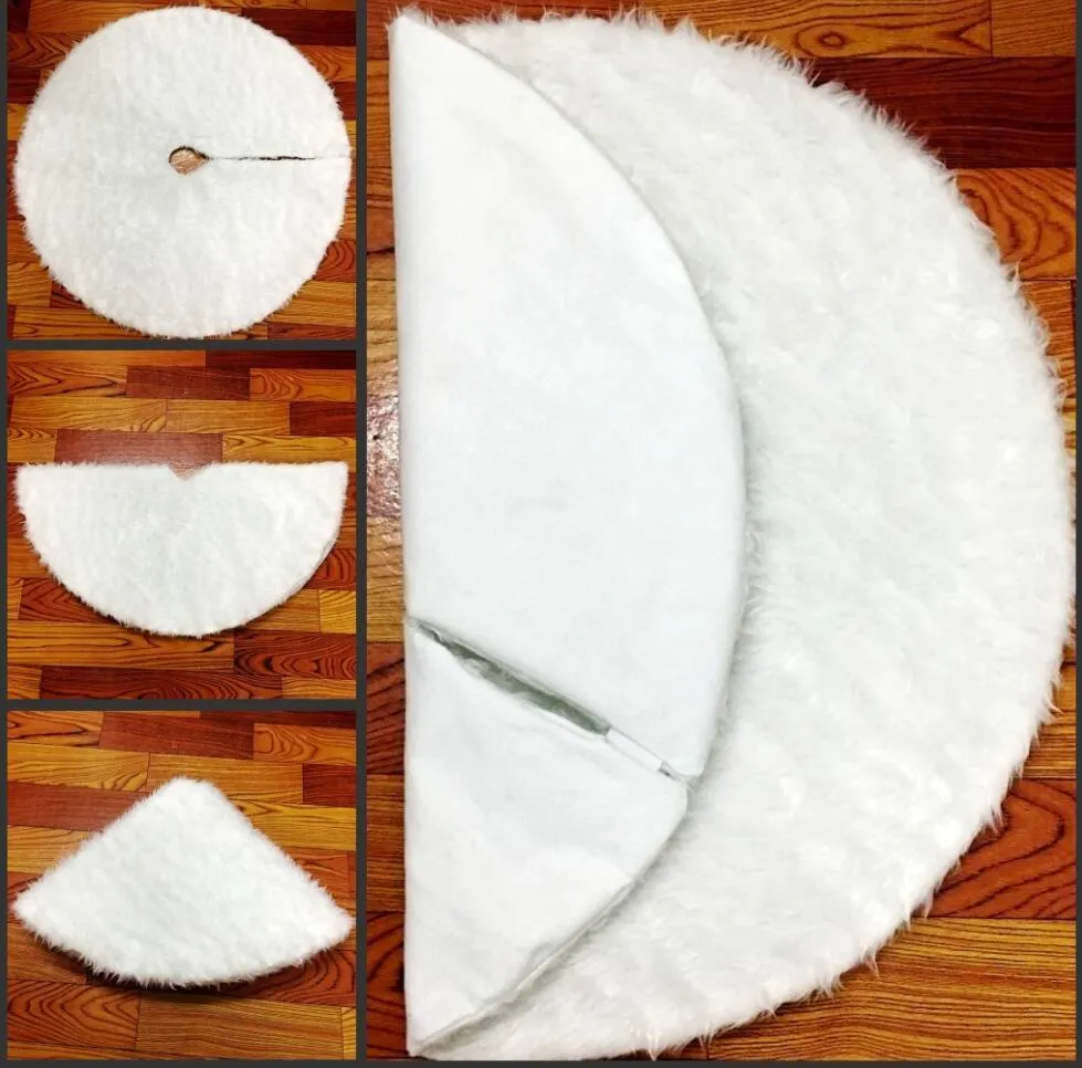 White plush Christmas tree skirt with 78cm to 150cm size options for tree base floor protection