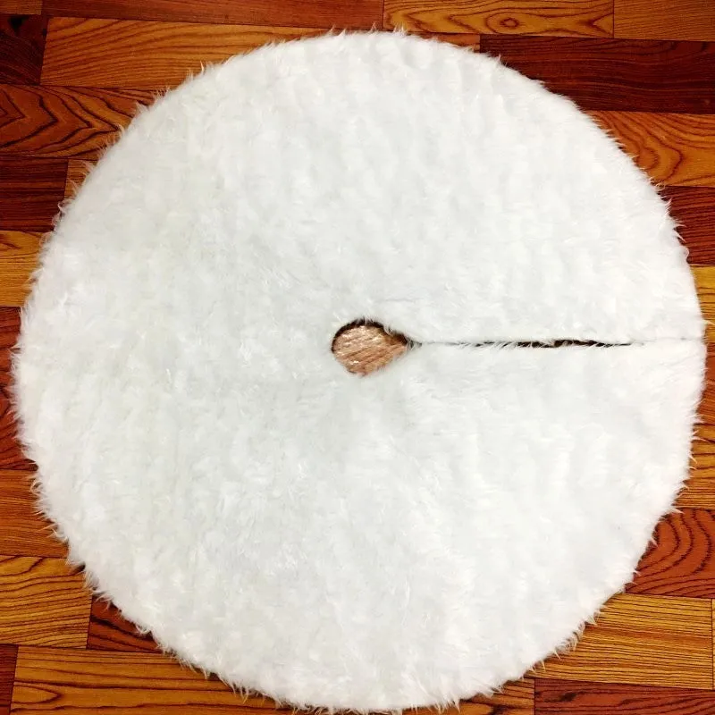 White plush Christmas tree skirt with 78cm to 150cm size options for tree base floor protection
