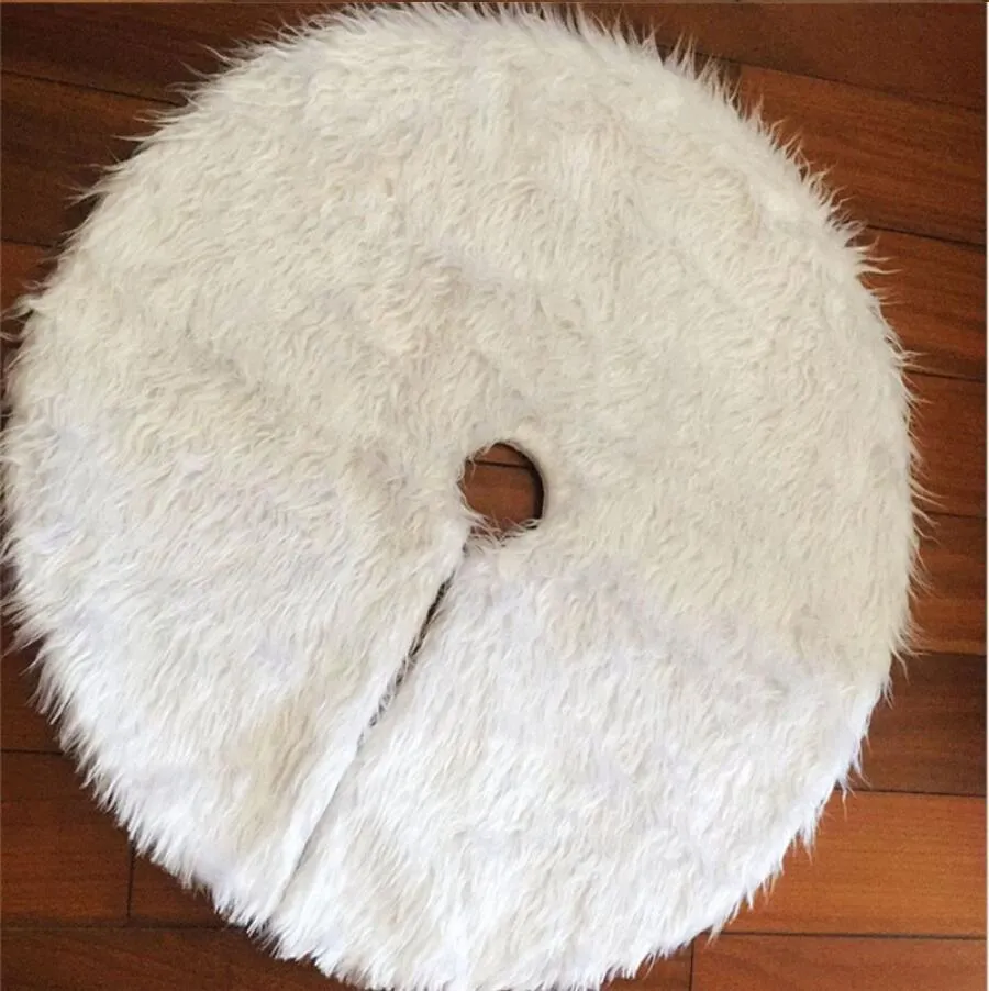 White plush Christmas tree skirt with 78cm to 150cm size options for tree base floor protection