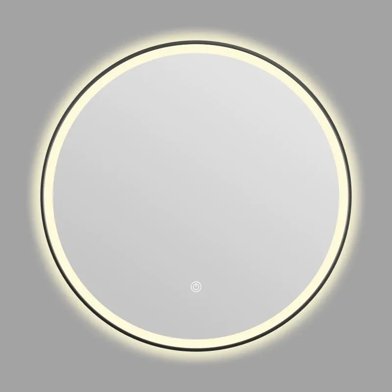 Round black framed LED bathroom mirror mounted on wall with dimmable lights.