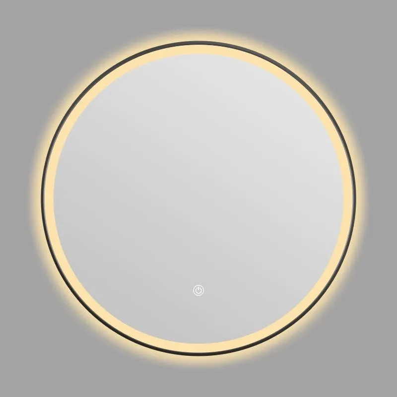 Round black framed LED bathroom mirror mounted on wall with dimmable lights.