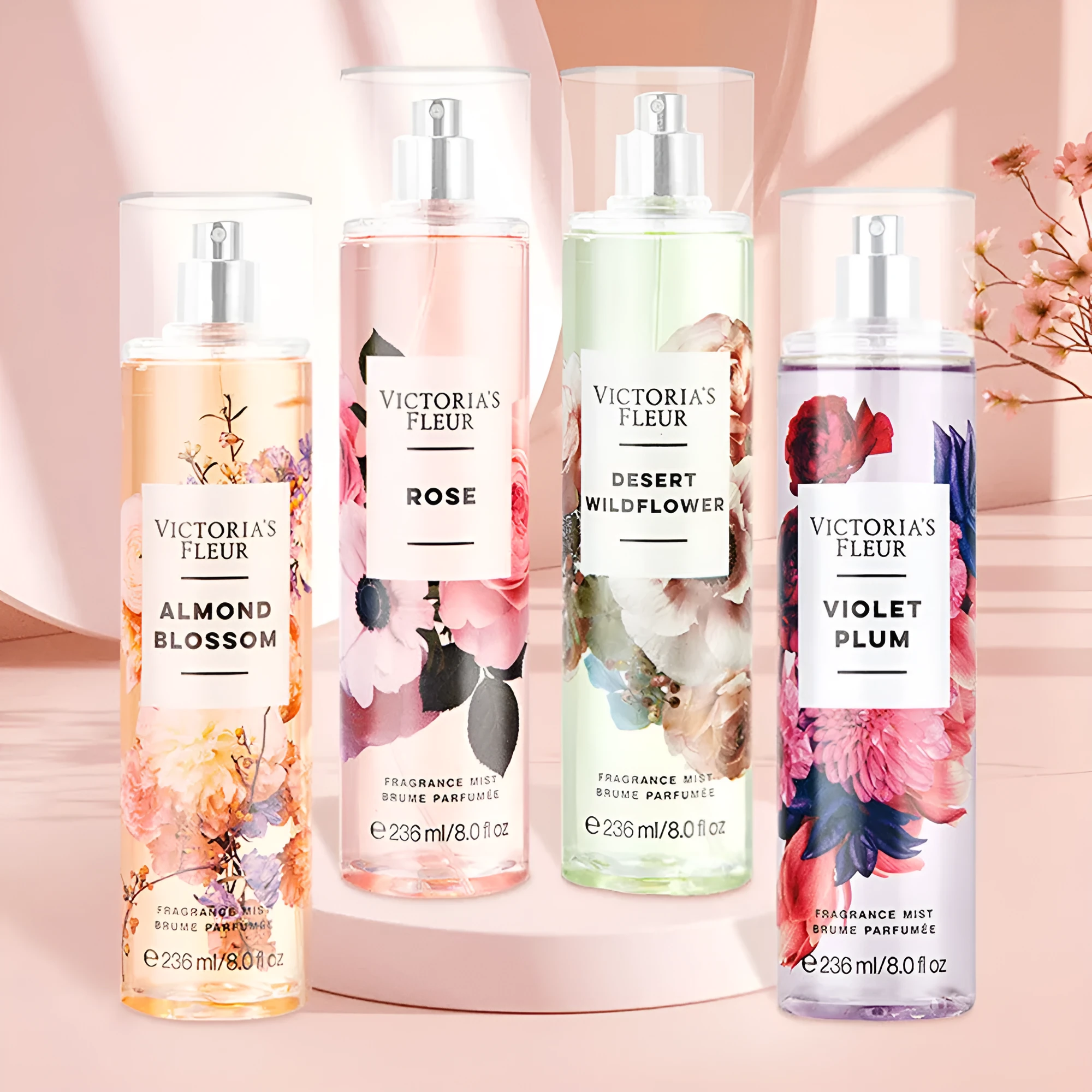236ml body spray perfume in floral fragrance, four colour variants almond blossom rose cactus blossom berry violet