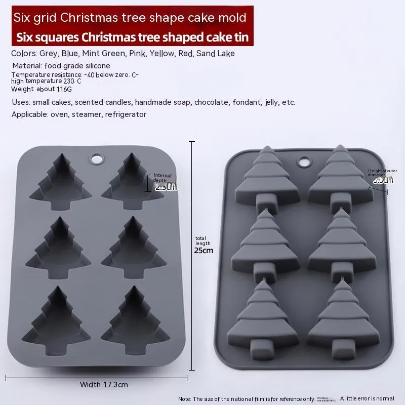 Christmas silicone 6-grid square baking mold with tree, snowflake, snowman, socks, gifts, and hat designs in pink, gray, or green