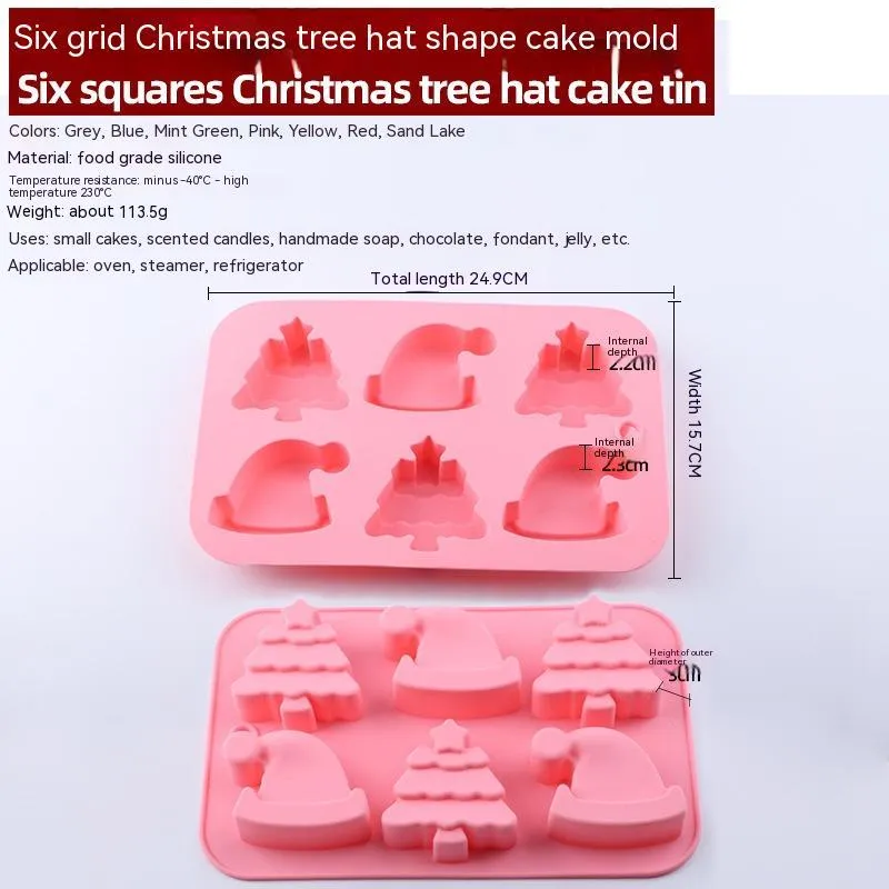 Christmas silicone 6-grid square baking mold with tree, snowflake, snowman, socks, gifts, and hat designs in pink, gray, or green
