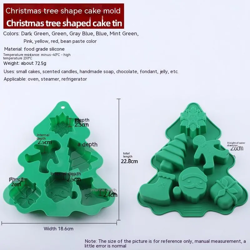 Christmas silicone 6-grid square baking mold with tree, snowflake, snowman, socks, gifts, and hat designs in pink, gray, or green