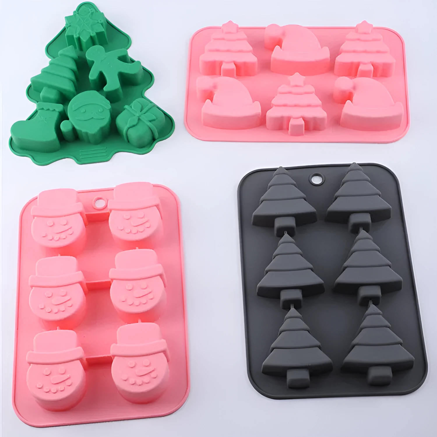 Christmas silicone 6-grid square baking mold with tree, snowflake, snowman, socks, gifts, and hat designs in pink, gray, or green