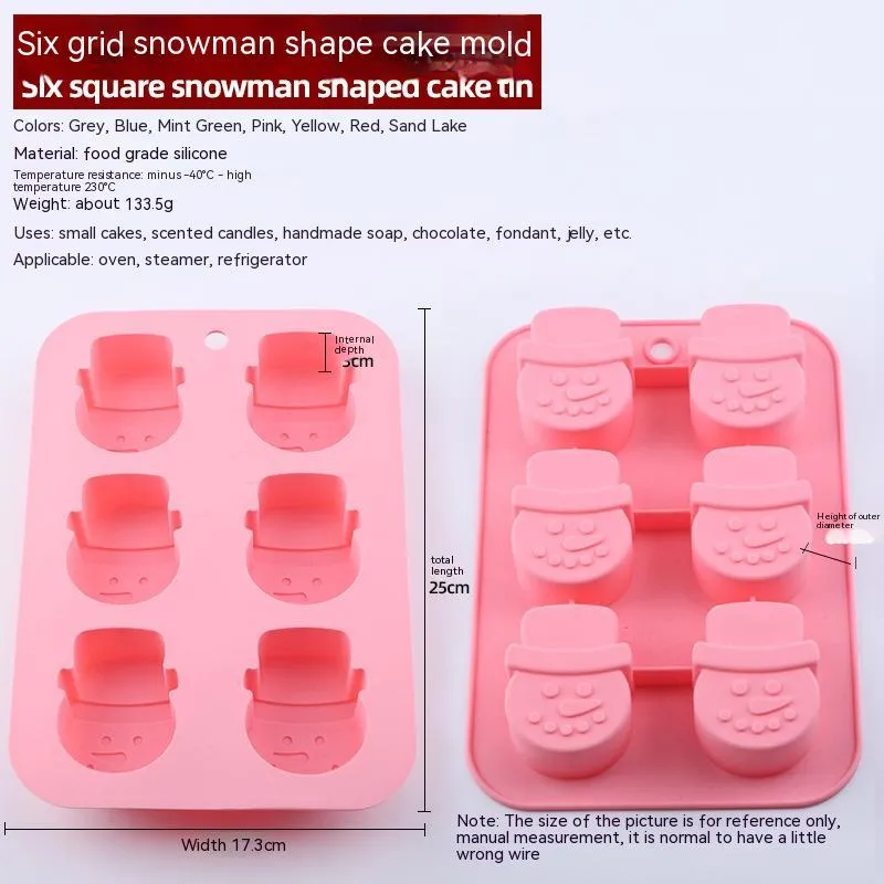 Christmas silicone 6-grid square baking mold with tree, snowflake, snowman, socks, gifts, and hat designs in pink, gray, or green