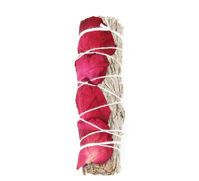 White sage and red rose petal incense bundle for fresh air with colourful dried botanicals