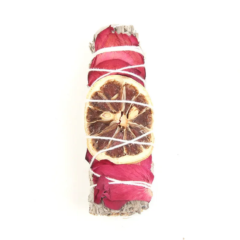 White sage and red rose petal incense bundle for fresh air with colourful dried botanicals