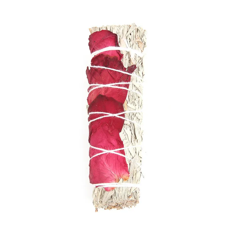 White sage and red rose petal incense bundle for fresh air with colourful dried botanicals
