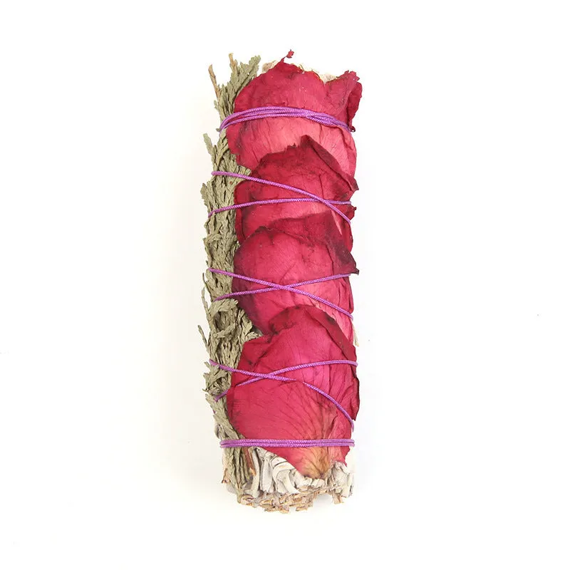 White sage and red rose petal incense bundle for fresh air with colourful dried botanicals