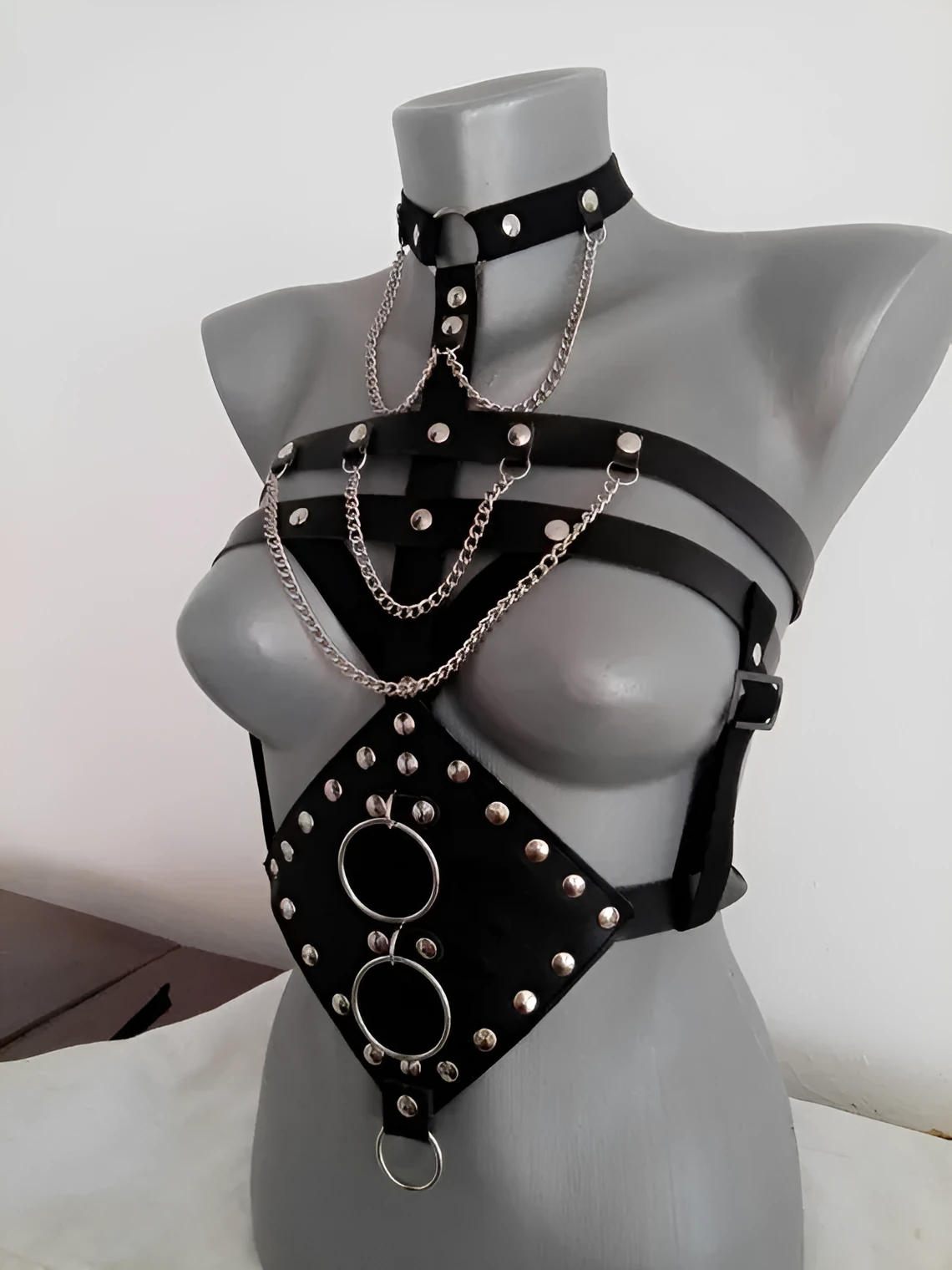Black PU leather open bra bondage camisole, one-size adult fetish dress