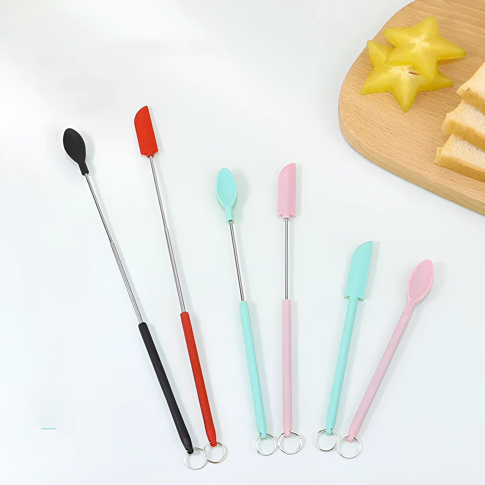 Cosmetic silicone spatula mini retractable extended mask brush with scraper in pink two-piece suit