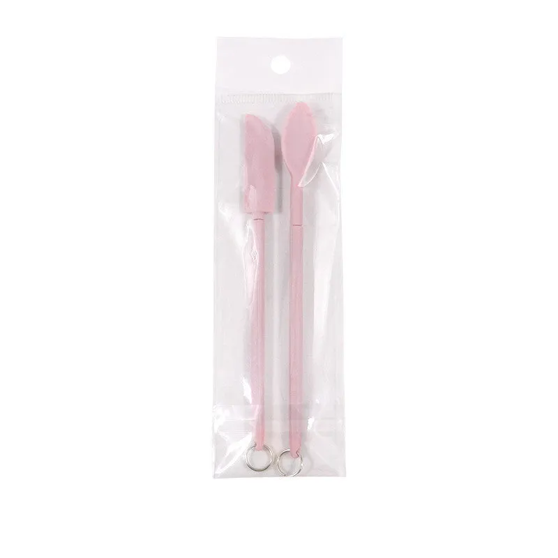 Cosmetic silicone spatula mini retractable extended mask brush with scraper in pink two-piece suit