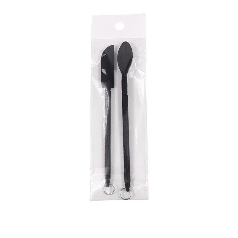 Cosmetic silicone spatula mini retractable extended mask brush with scraper in pink two-piece suit