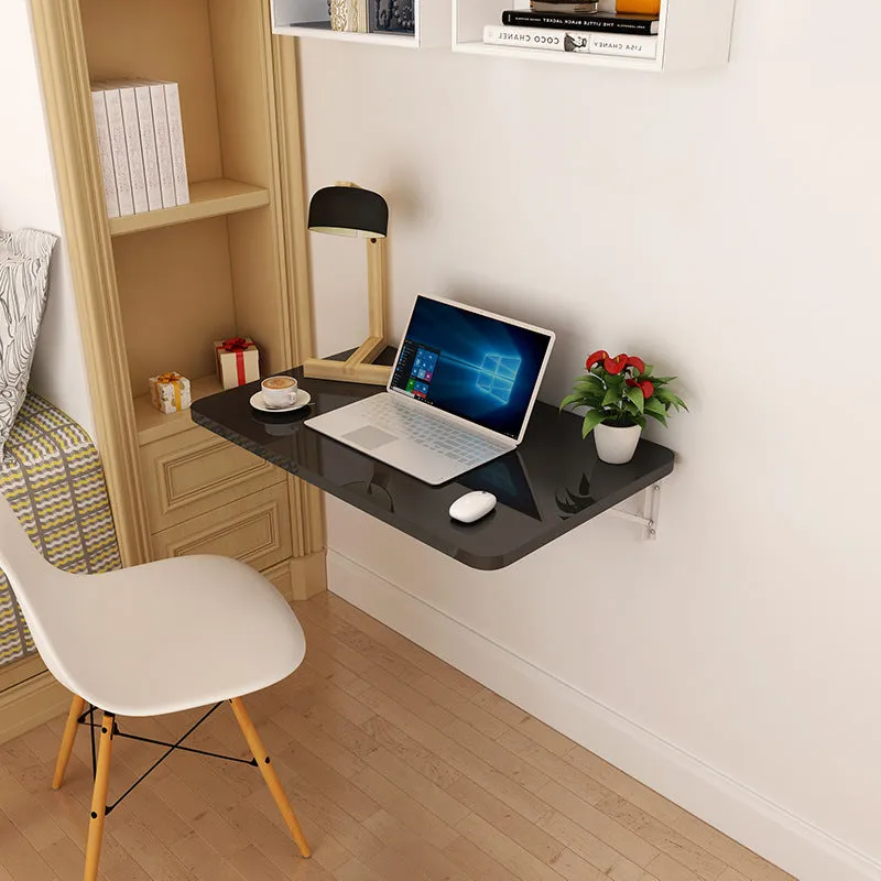 Folding wall hanging table with solid wood particle board tabletop and metal bracket in black colour