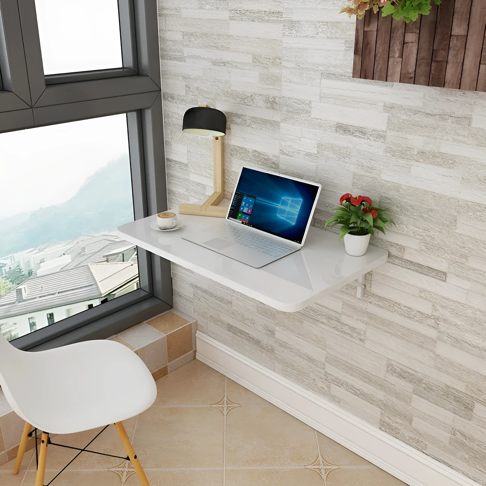 Folding wall hanging table with solid wood particle board tabletop and metal bracket in black colour