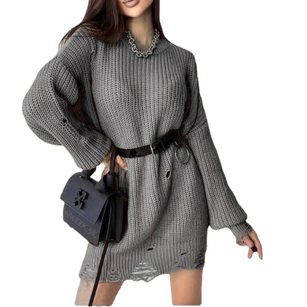 Loose hole knitted pullover sweater for women in solid colour Rose Red