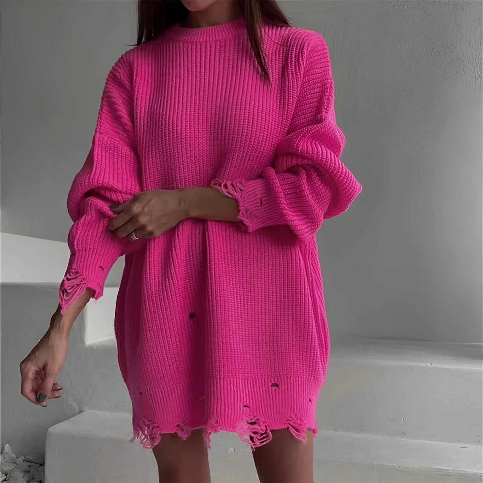 Loose hole knitted pullover sweater for women in solid colour Rose Red