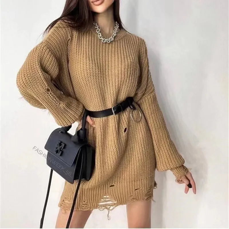 Loose hole knitted pullover sweater for women in solid colour Rose Red