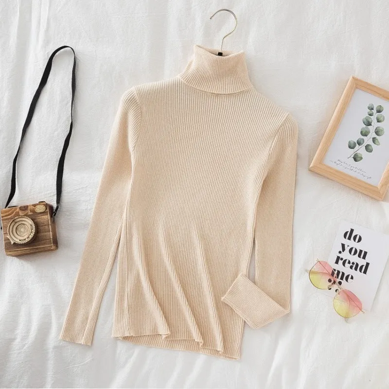Women's turtleneck slimming sweater top in slim fit pullover style, available in multiple colours