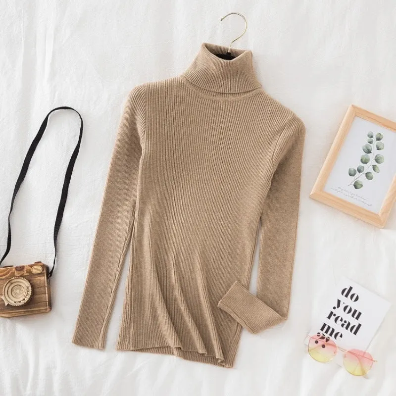 Women's turtleneck slimming sweater top in slim fit pullover style, available in multiple colours