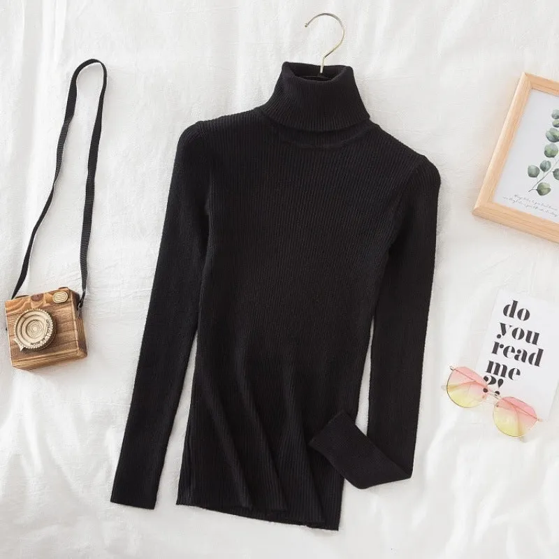 Women's turtleneck slimming sweater top in slim fit pullover style, available in multiple colours