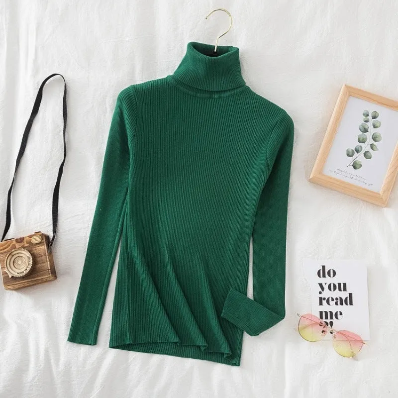 Women's turtleneck slimming sweater top in slim fit pullover style, available in multiple colours