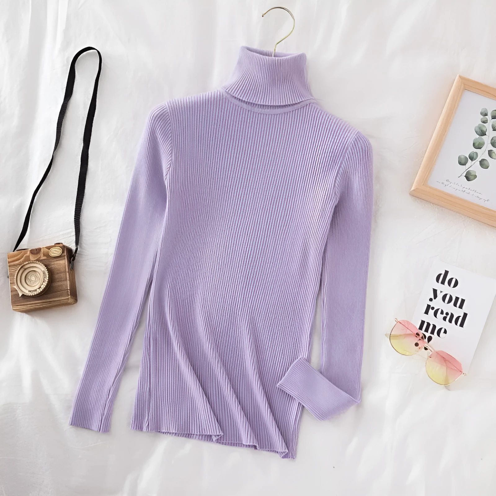 Women's turtleneck slimming sweater top in slim fit pullover style, available in multiple colours