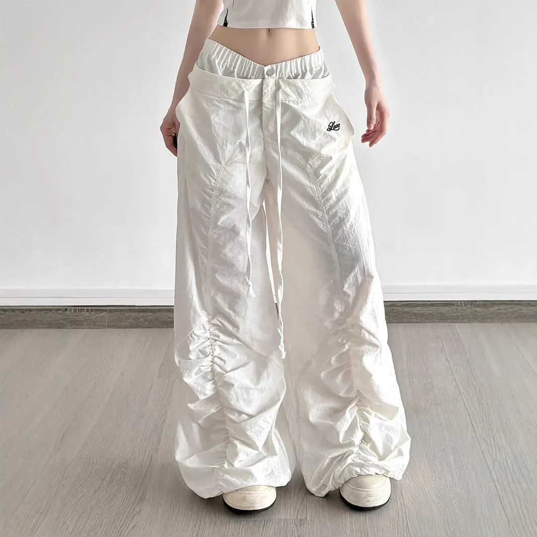 White high waist multi-pocket trousers with ruffle drawstring and lace letter embroidery for women