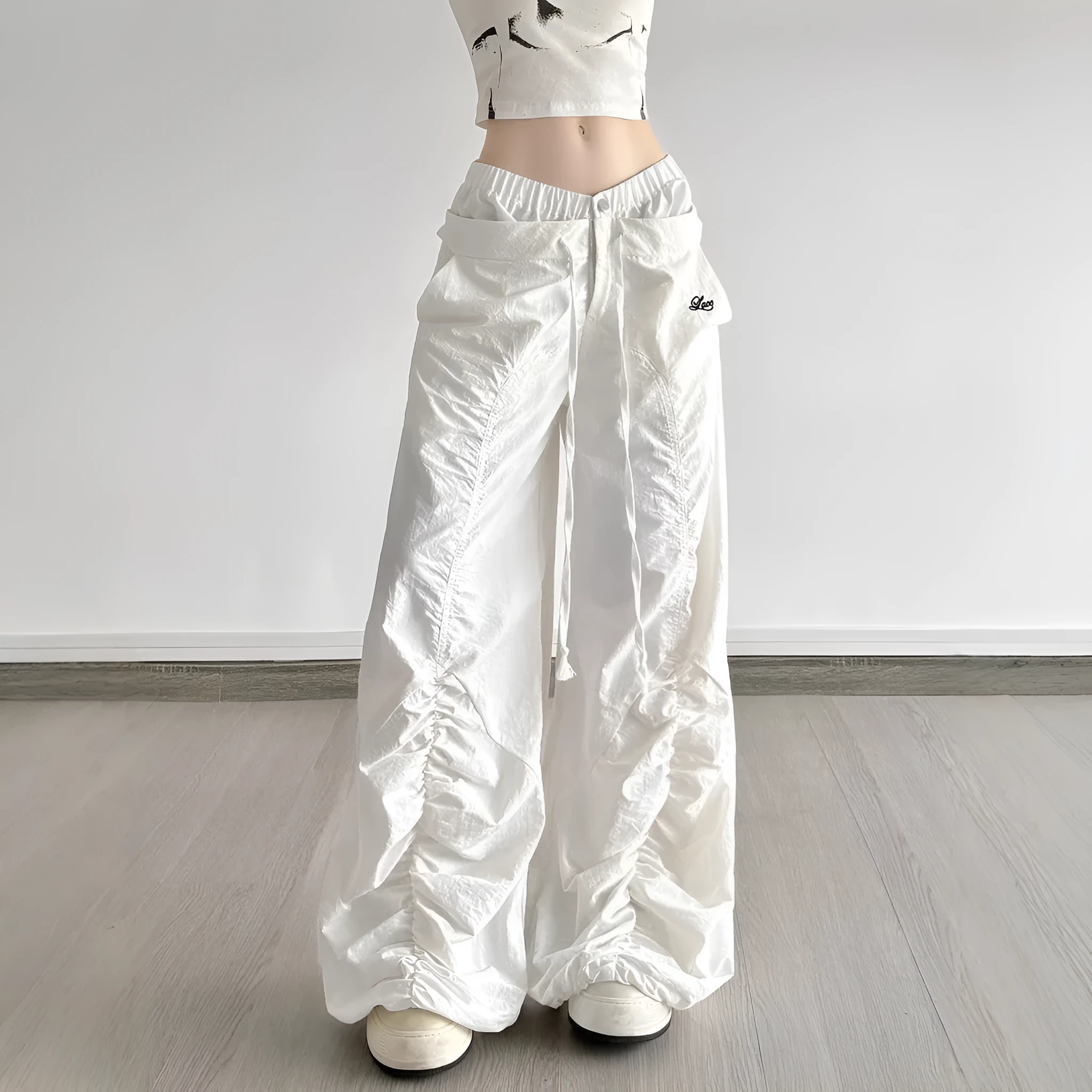 White high waist multi-pocket trousers with ruffle drawstring and lace letter embroidery for women