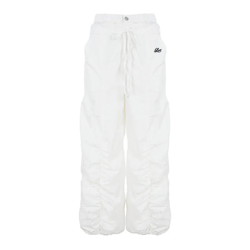 White high waist multi-pocket trousers with ruffle drawstring and lace letter embroidery for women