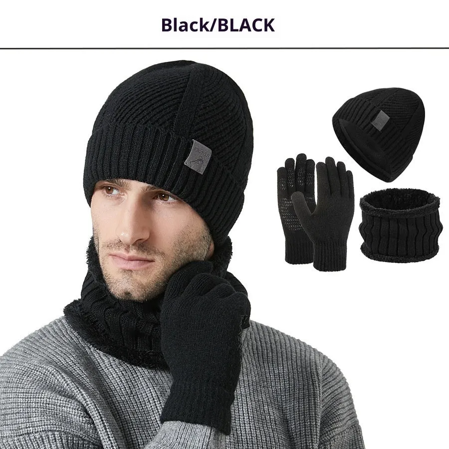 Men's wool hat scarf gloves three-piece set in gray with English letter details, casual winter style