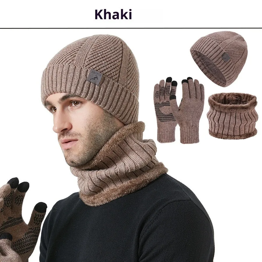 Men's wool hat scarf gloves three-piece set in gray with English letter details, casual winter style