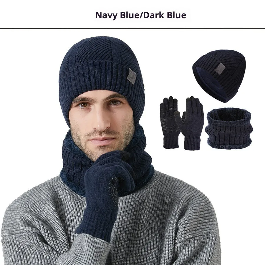 Men's wool hat scarf gloves three-piece set in gray with English letter details, casual winter style