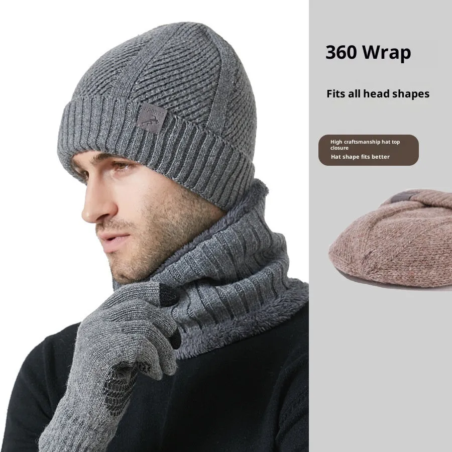 Men's wool hat scarf gloves three-piece set in gray with English letter details, casual winter style