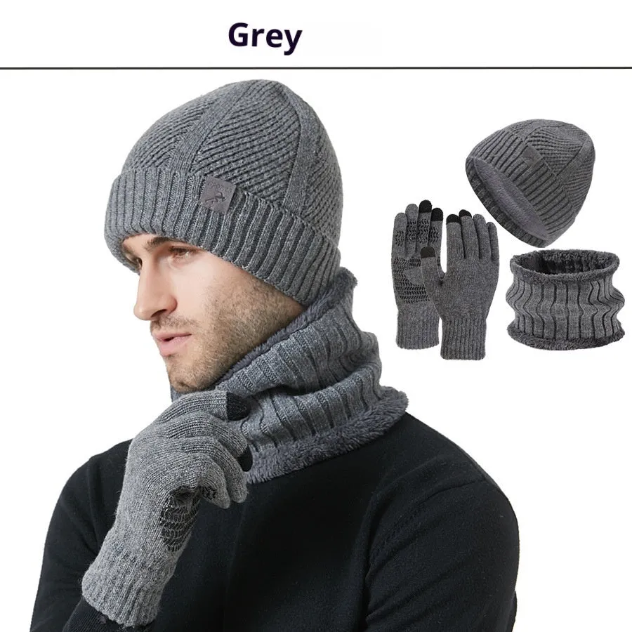 Men's wool hat scarf gloves three-piece set in gray with English letter details, casual winter style
