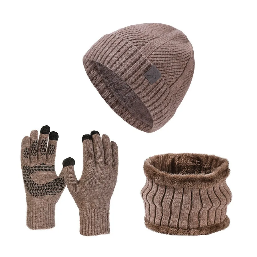 Men's wool hat scarf gloves three-piece set in gray with English letter details, casual winter style